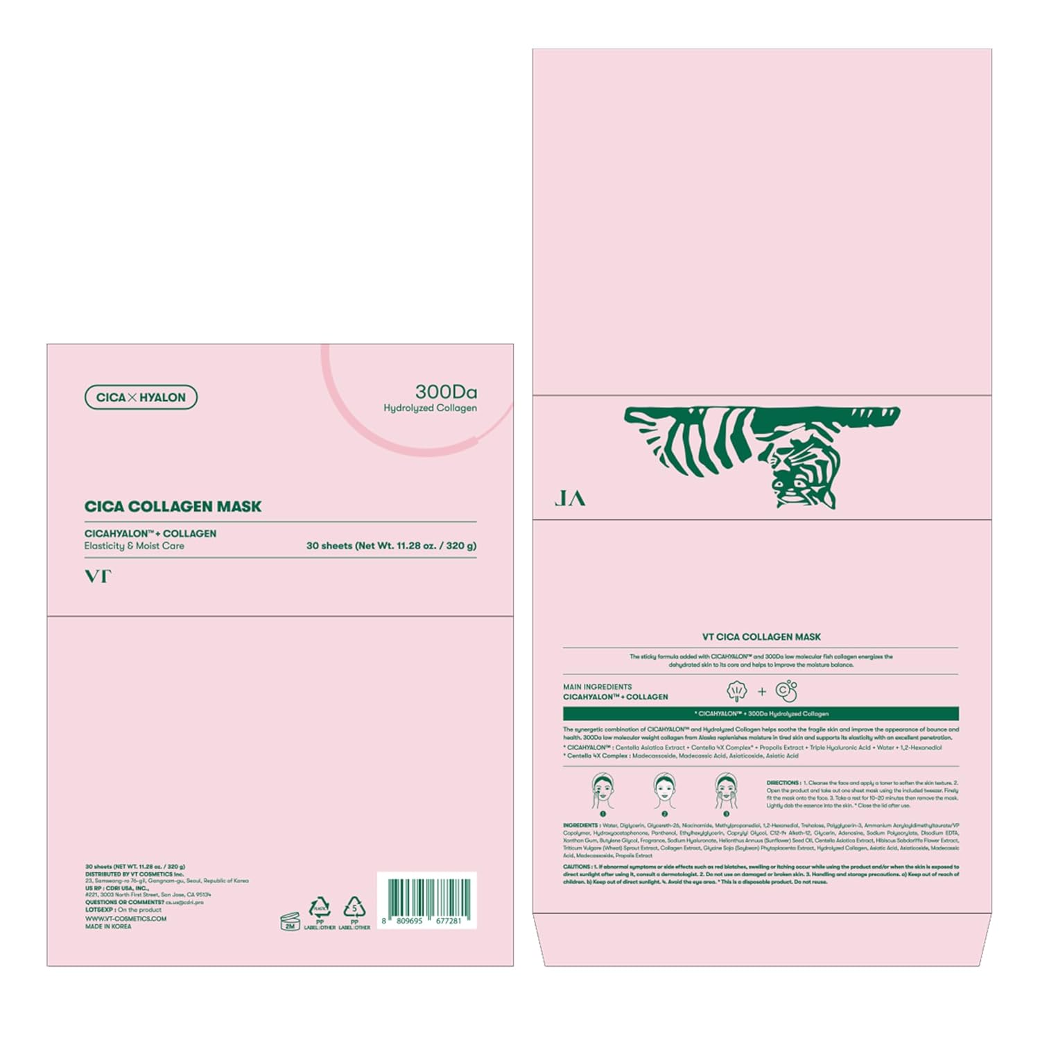 CICA Pink Daily Mask 30 Sheets, 300Da Low Molecular Collagen for Skin Elasticity, Hydrating & Firming, Pink Collagen Essence, Korean Face Mask - VT COSMETICS / Mascarilla facial de colágeno
