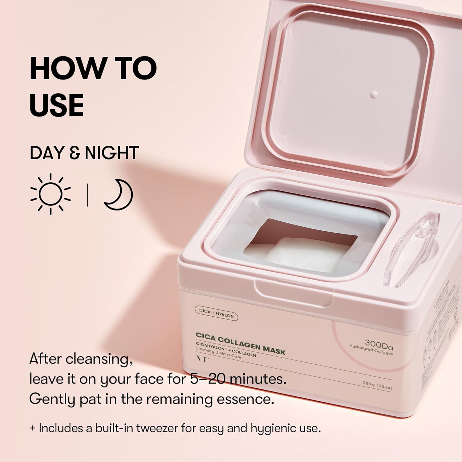 CICA Pink Daily Mask 30 Sheets, 300Da Low Molecular Collagen for Skin Elasticity, Hydrating & Firming, Pink Collagen Essence, Korean Face Mask - VT COSMETICS / Mascarilla facial de colágeno