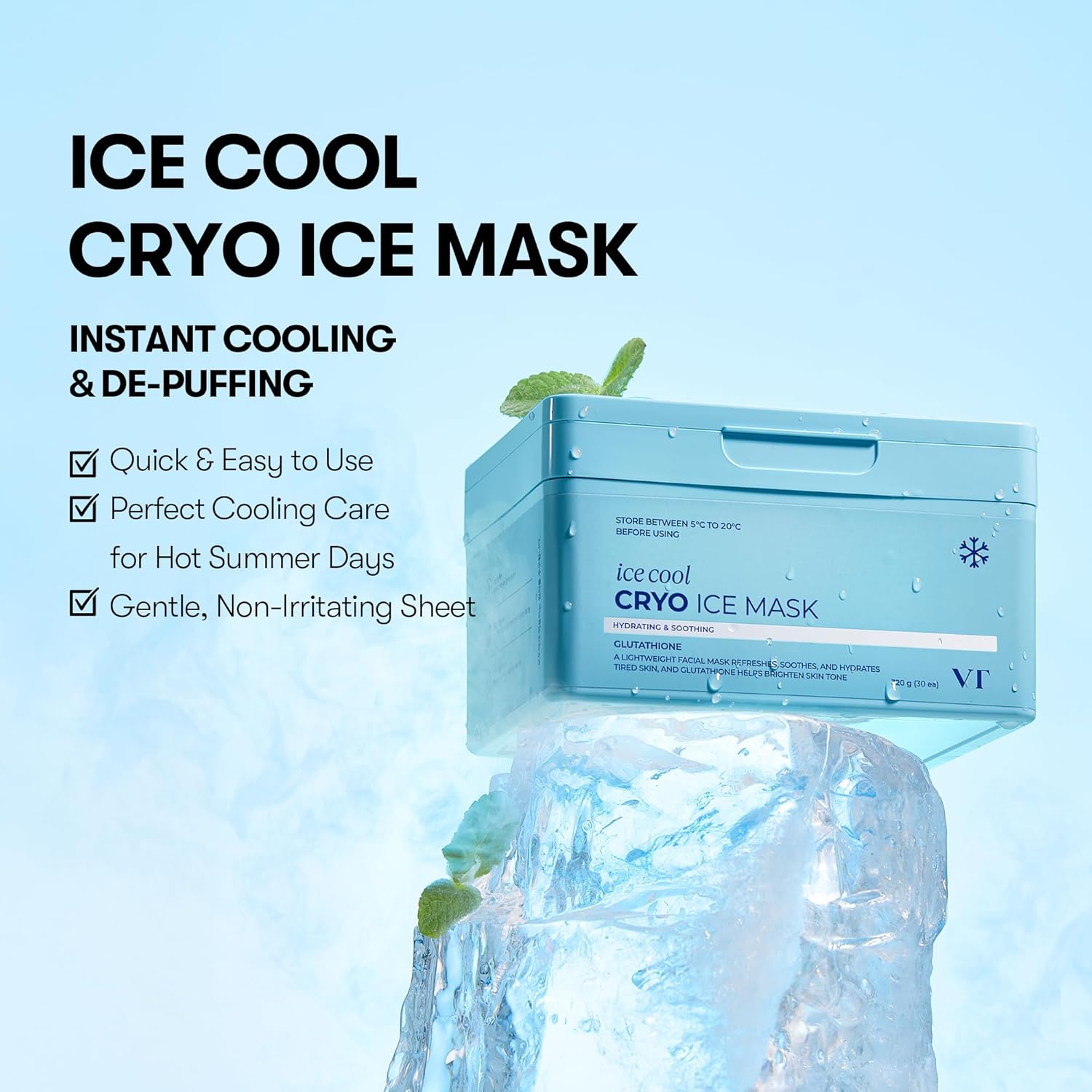 Cryo Ice Cool Mask, 30 Sheets, Cooling & De-Puffing Daily Sheet Mask, Hydrating Korean Face Mask, Xylitol & Hyaluronic Acid, K-Beauty Skincare - VT COSMETICS / Mascarilla facial con ácido hialurónico