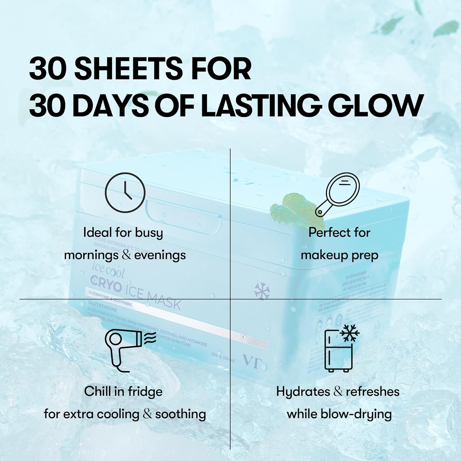 Cryo Ice Cool Mask, 30 Sheets, Cooling & De-Puffing Daily Sheet Mask, Hydrating Korean Face Mask, Xylitol & Hyaluronic Acid, K-Beauty Skincare - VT COSMETICS / Mascarilla facial con ácido hialurónico