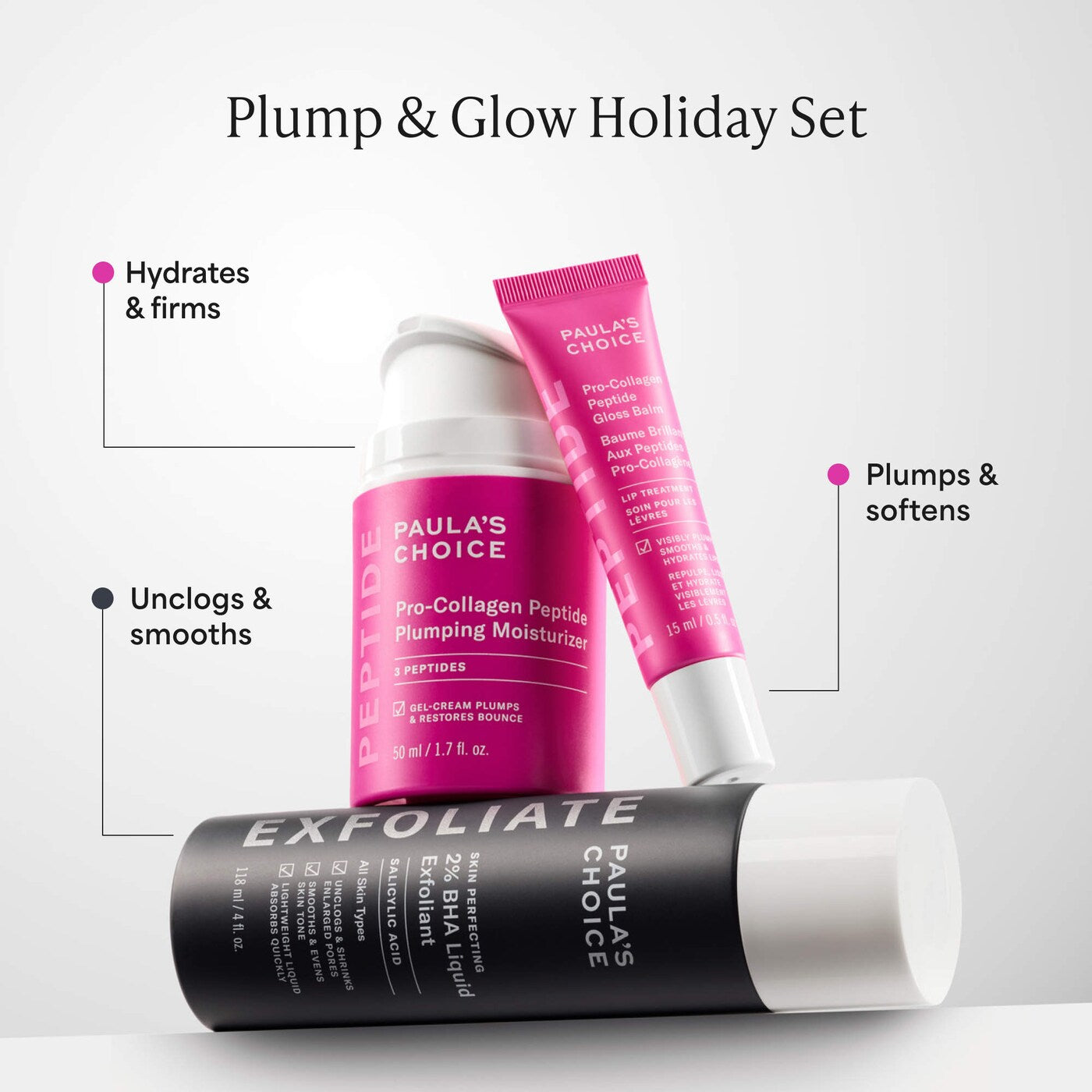 *PREORDEN: Plump + Glow Skincare Trio with 2% BHA & Peptides for Smoother, Firmer Skin - Paula's Choice / Set de cuidado de la piel