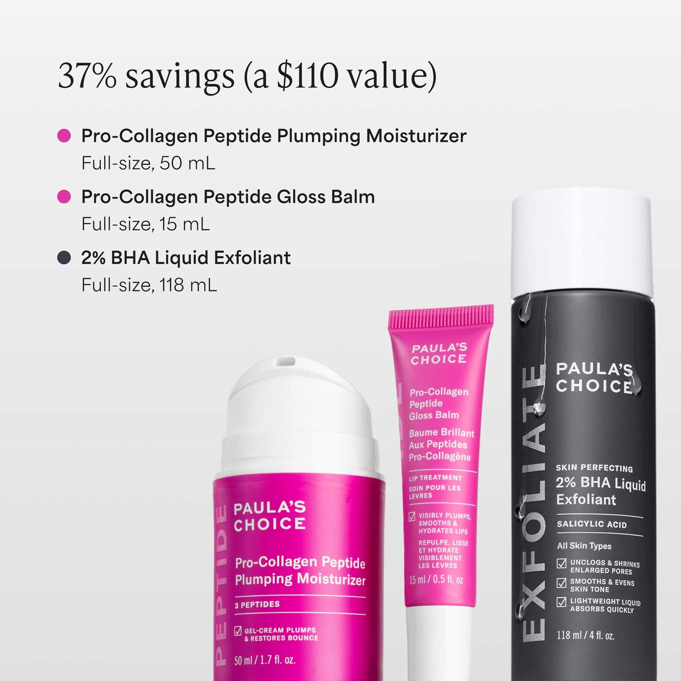 *PREORDEN: Plump + Glow Skincare Trio with 2% BHA & Peptides for Smoother, Firmer Skin - Paula's Choice / Set de cuidado de la piel