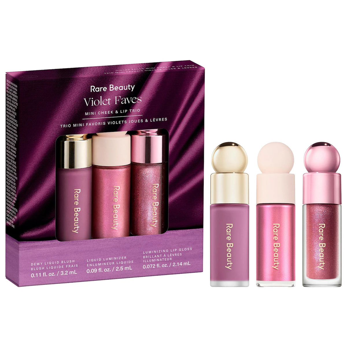 *PREORDEN: Violet Faves Mini Cheek and Lip Trio Makeup Gift Set - Rare Beauty by Selena Gomez / Set 3 pzas mini rubor, gloss e iluminador