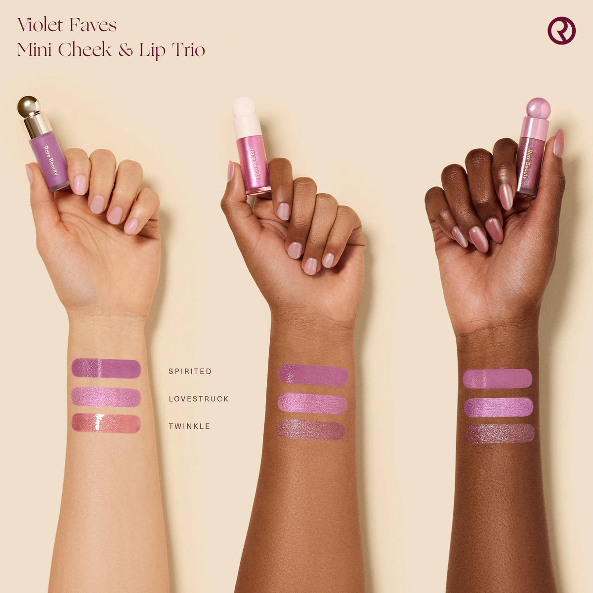 *PREORDEN: Violet Faves Mini Cheek and Lip Trio Makeup Gift Set - Rare Beauty by Selena Gomez / Set 3 pzas mini rubor, gloss e iluminador