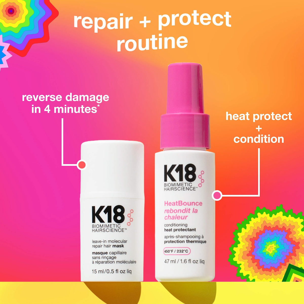 *PREORDEN: Repair + Protect Mini Leave-In Molecular Repair Mask & HeatBounce Leave-In Conditioner Gift Set - K18 / Set reparador de cabello