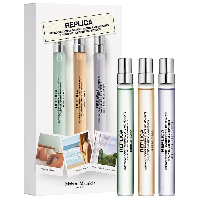 *PREORDEN: ’REPLICA’ Travel Spray Set - Bubble Bath, Beach Walk, When the Rain Stops - Maison Margiela / Set de perfumes (EDICIÓN LIMITADA)