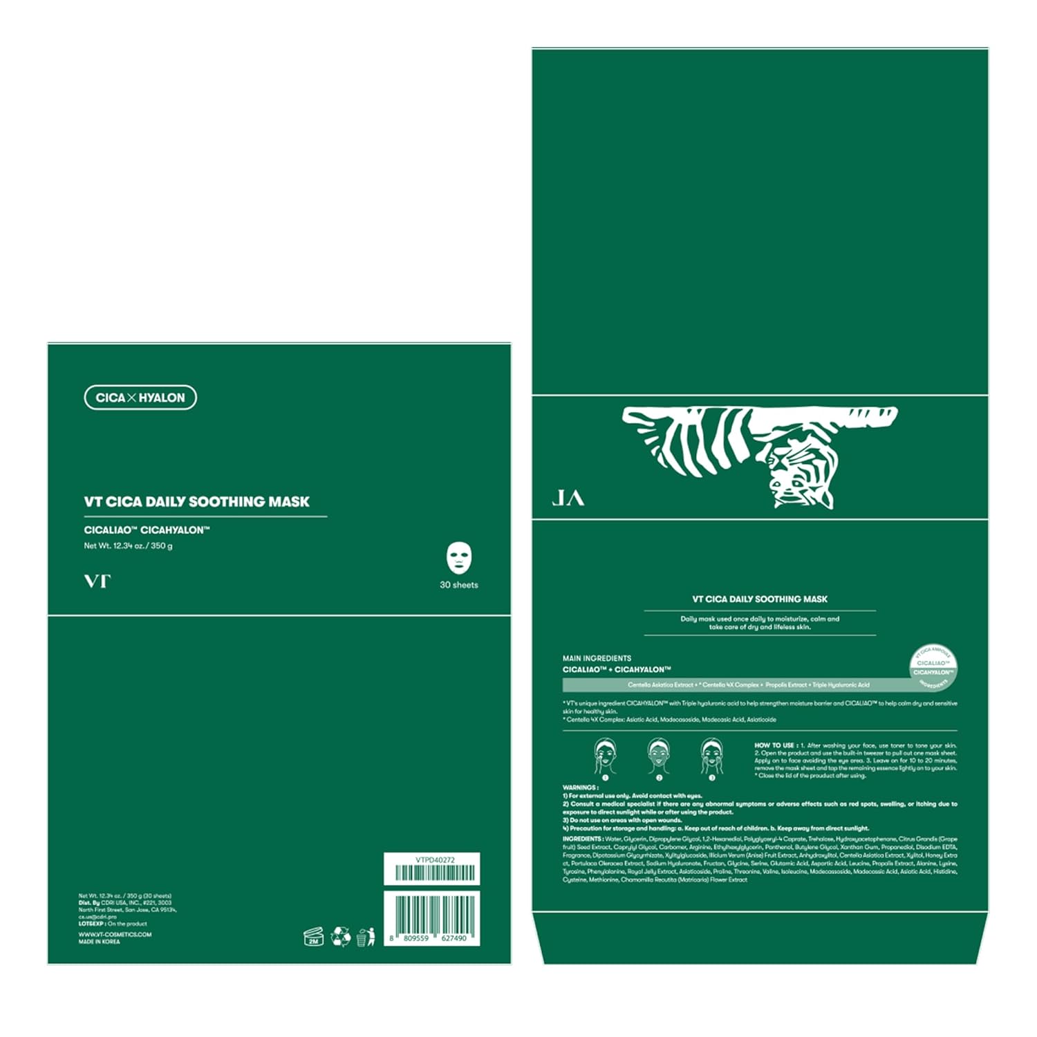 PREORDEN: CICA Daily Soothing Mask (30 pz) / VT COSMETICS – Mascarilla facial coreana calmante e hidratante con centella asiática