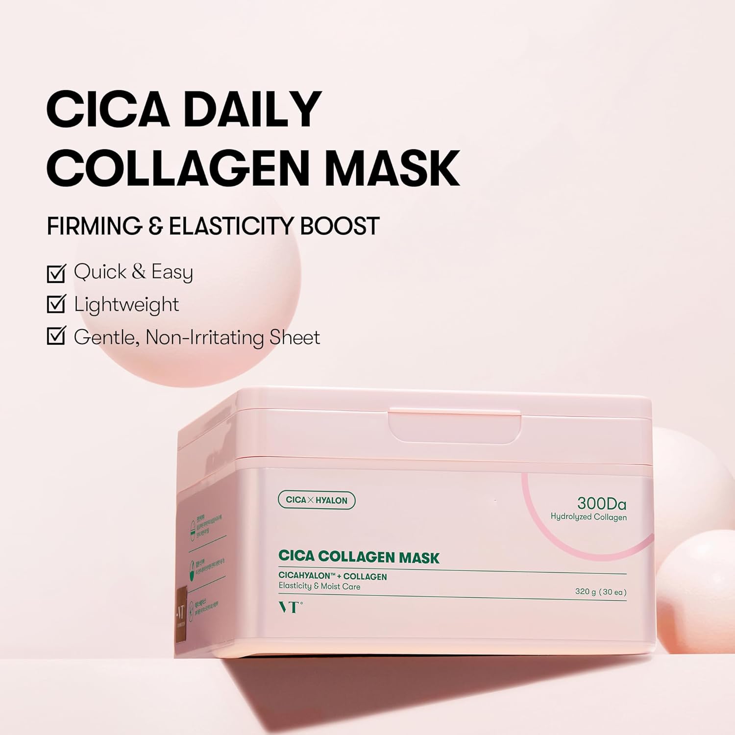 CICA Pink Daily Mask 30 Sheets, 300Da Low Molecular Collagen for Skin Elasticity, Hydrating & Firming, Pink Collagen Essence, Korean Face Mask - VT COSMETICS / Mascarilla facial de colágeno