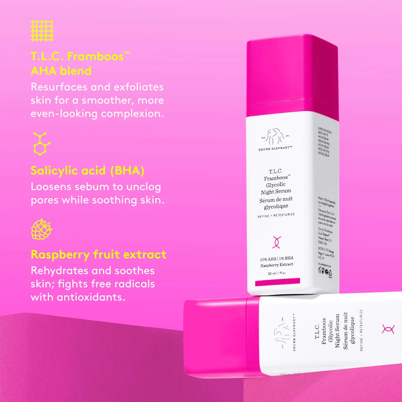 *PREORDEN: T.L.C. Framboos™ Glycolic Resurfacing Night Serum - Drunk Elephant / Suero de noche para lineas de expresión