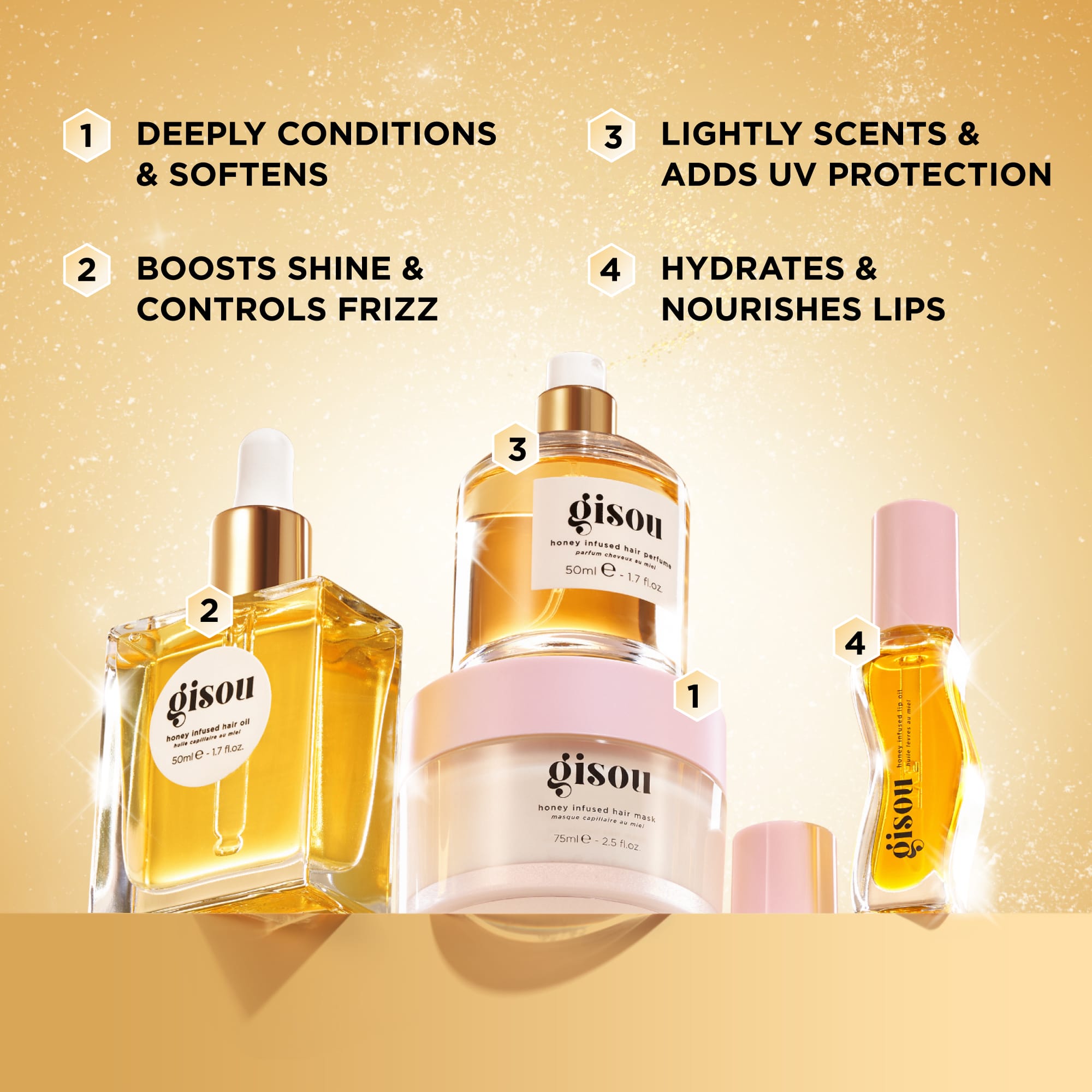 Honey Glow Icons Hair & Lip Set - Gisou / Set 3 pzas cabello y labios