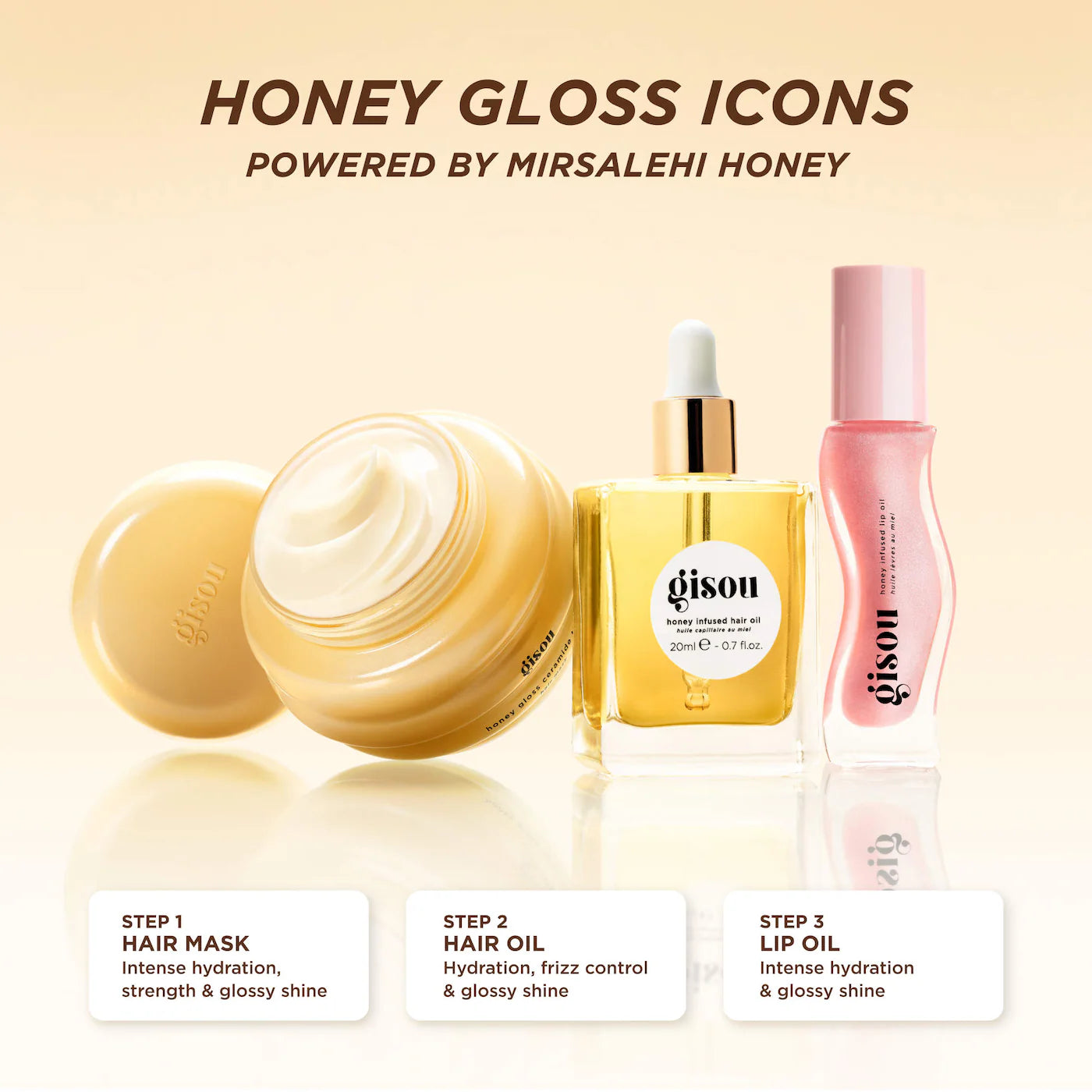 Honey Glow Icons Hair & Lip Set - Gisou / Set 3 pzas cabello y labios