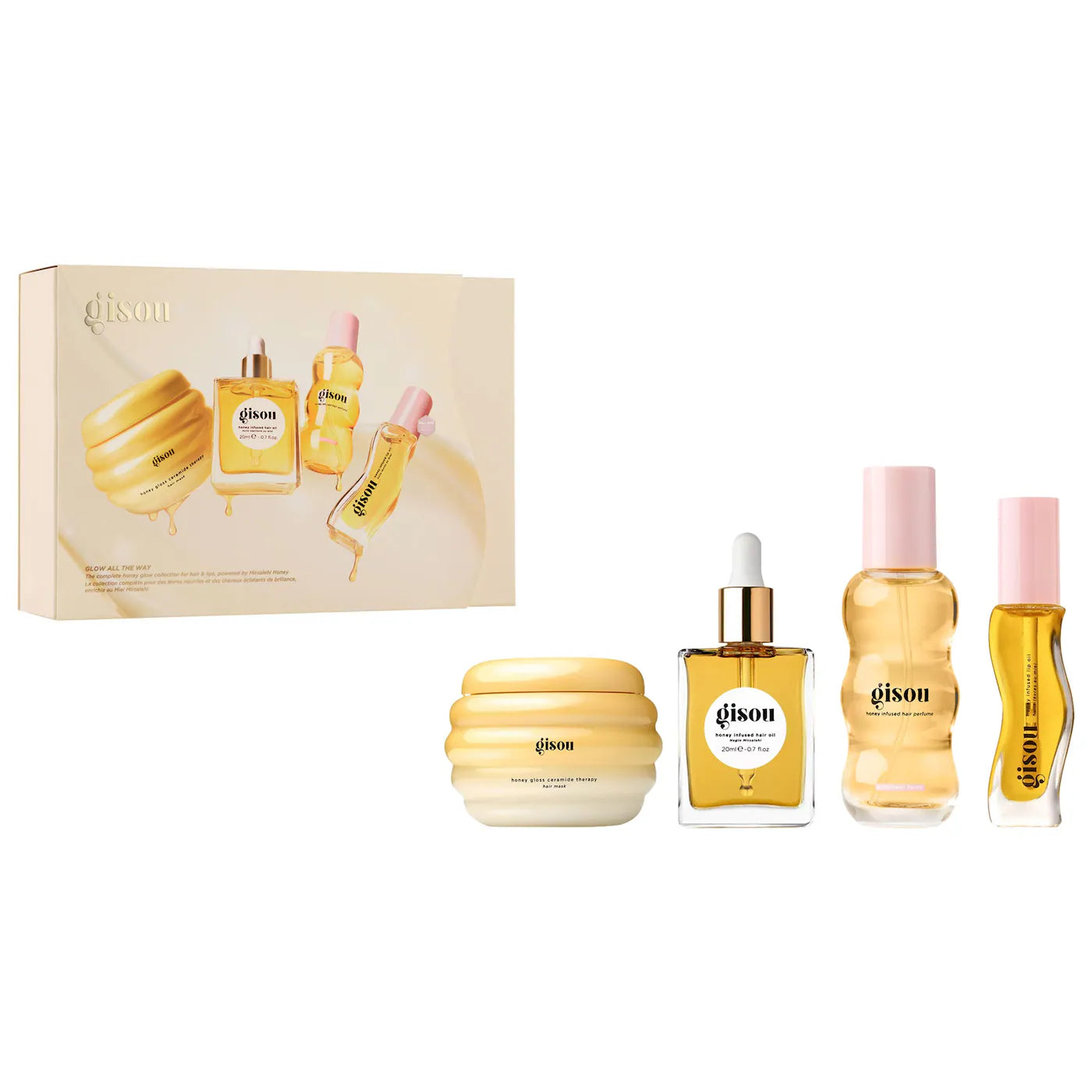 *PREORDEN: Glow All The Way Hair and Lip Gift Set - Gisou / Set 4 pzas cabello y labios