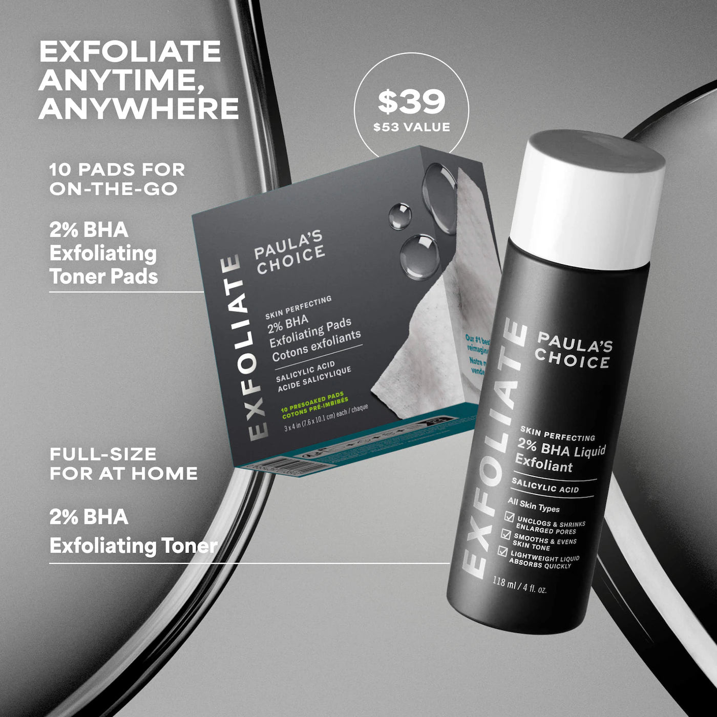 *PREORDEN: Home & Away Kit with 2% BHA Exfoliating Toner & Toner Pads for Clear Skin - Paula’s Choice / Acné, poros, puntos negros, textura