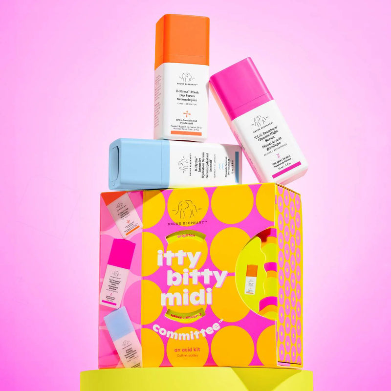 *PREORDEN: Itty Bitty Midi Committee Serum Trio - Drunk Elephant / Set 3 pzas hidratación, exfoliación y luminosidad