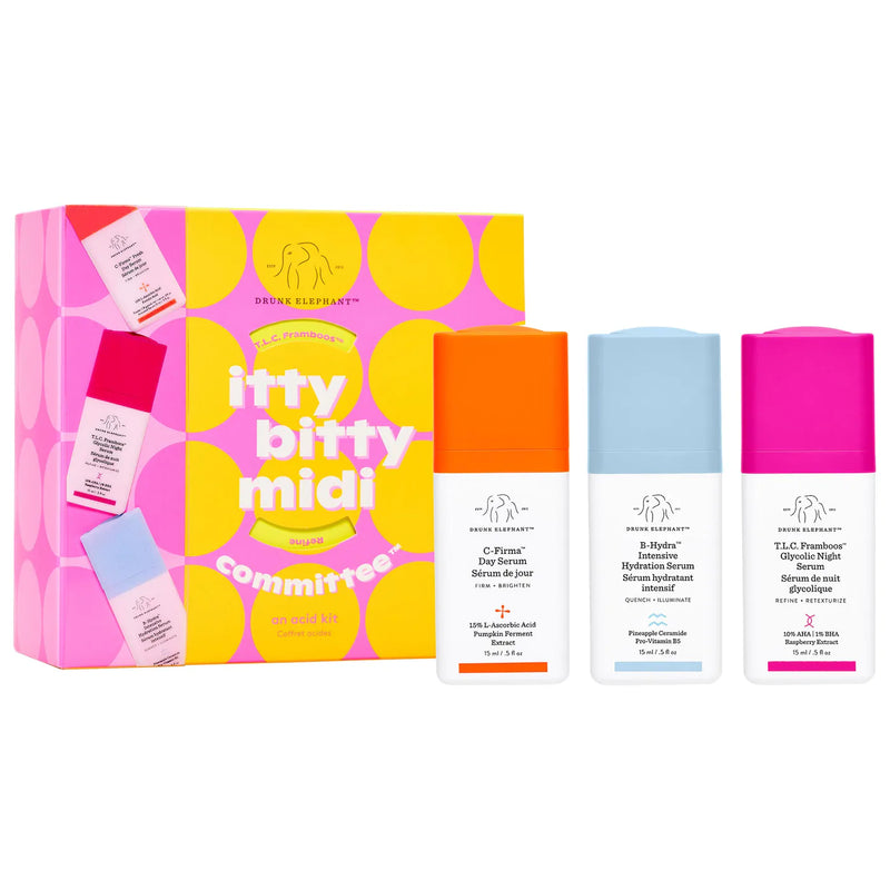 *PREORDEN: Itty Bitty Midi Committee Serum Trio - Drunk Elephant / Set 3 pzas hidratación, exfoliación y luminosidad