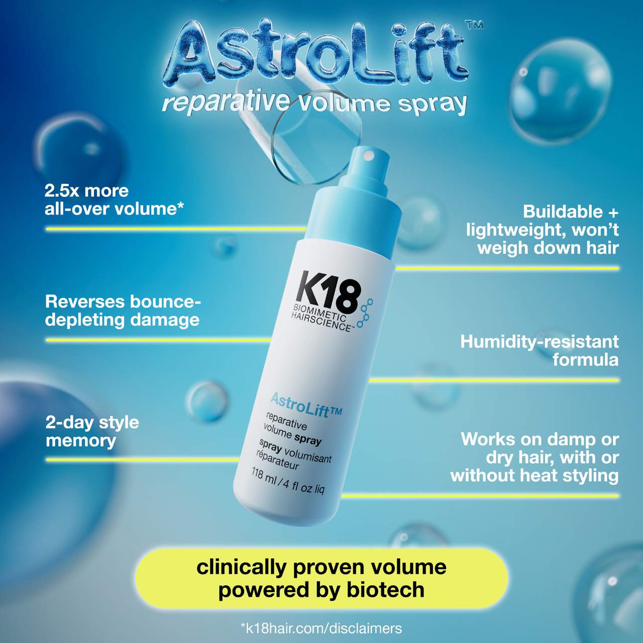 *PREORDEN: AstroLift™ Reparative Volume Spray 118mL - K18 Biomimetic Hairscience / Spray voluminizador