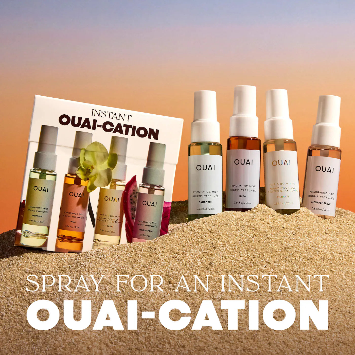 *PREORDEN: Mini St. Barts, Ibiza, Santorini & Melrose Hair & Body Mist Set - OUAI / Set de perfumes
