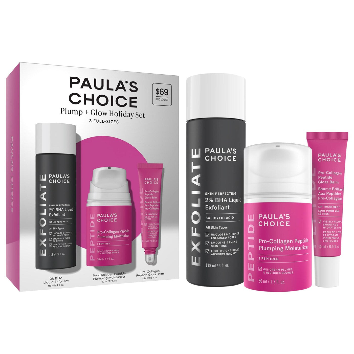 *PREORDEN: Plump + Glow Skincare Trio with 2% BHA & Peptides for Smoother, Firmer Skin - Paula's Choice / Set de cuidado de la piel