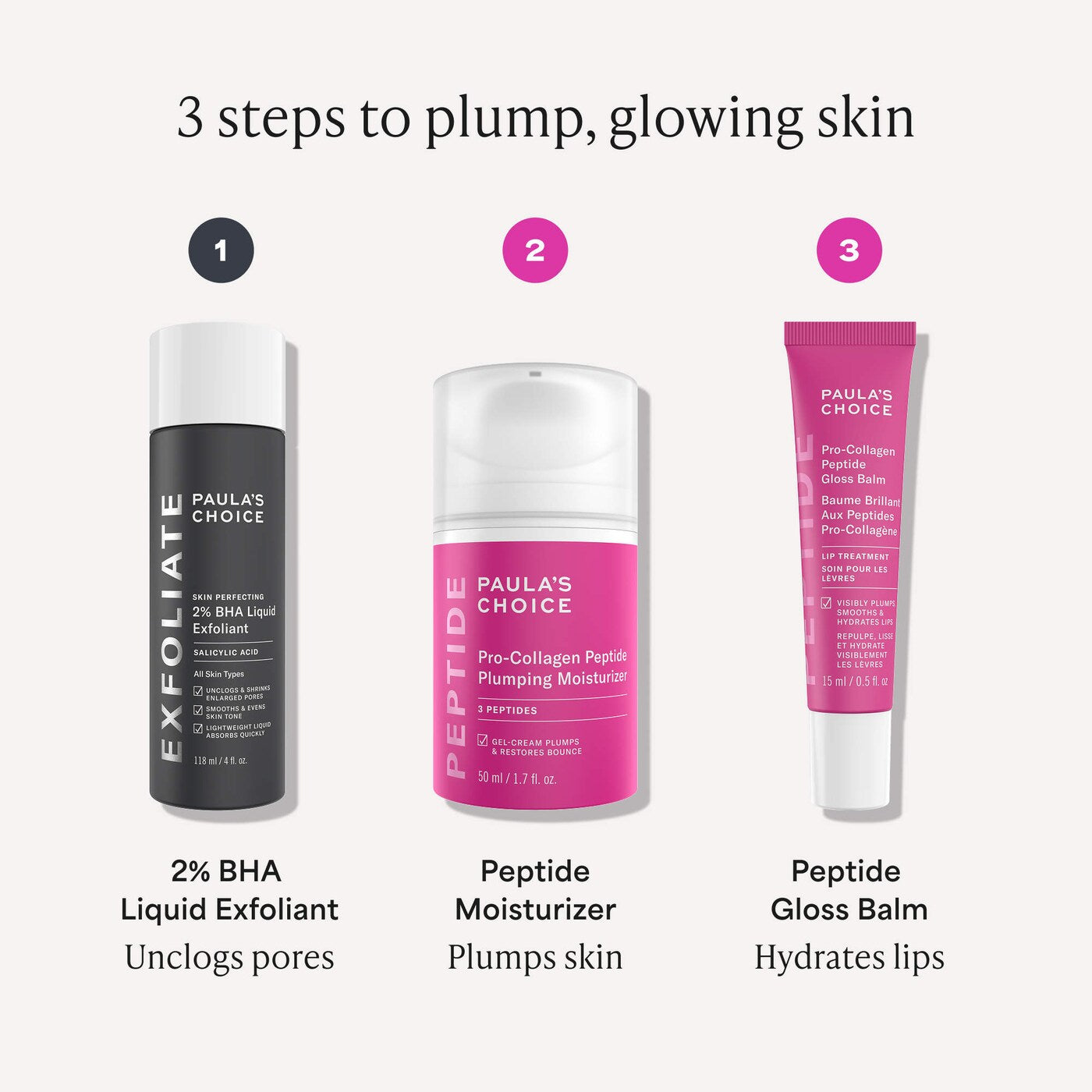 *PREORDEN: Plump + Glow Skincare Trio with 2% BHA & Peptides for Smoother, Firmer Skin - Paula's Choice / Set de cuidado de la piel
