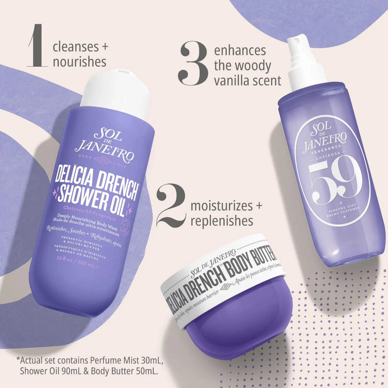 Delícia Drench™ Jet Set - Sol de Janeiro / Set de fragancia, crema y gel