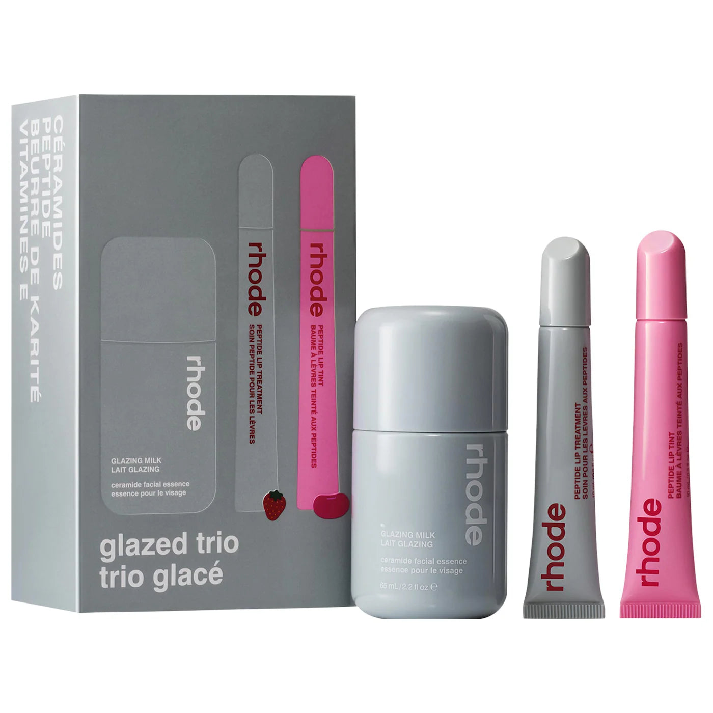*PREORDEN: Holiday Glazed Trio Gift Set - rhode / Set 3 pzs, lip balm, lip tint y esencia hidratante