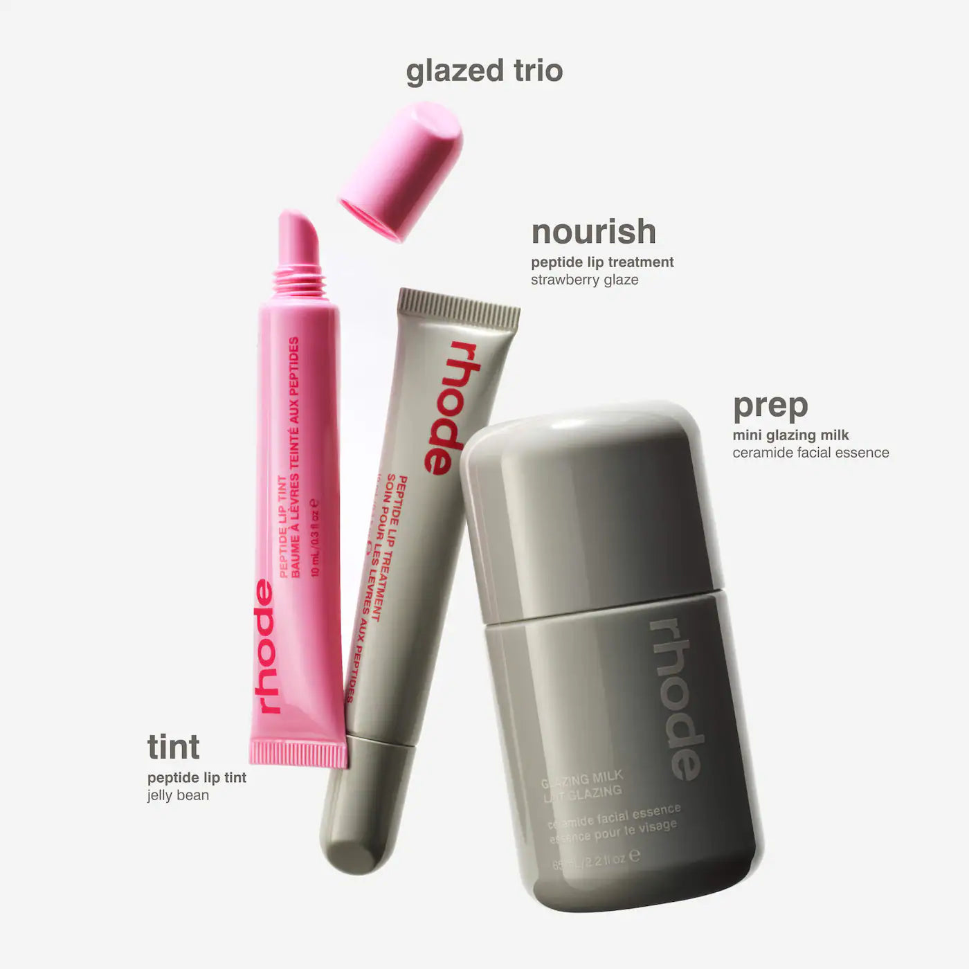 *PREORDEN: Holiday Glazed Trio Gift Set - rhode / Set 3 pzs, lip balm, lip tint y esencia hidratante